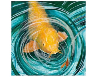 Koi Fish Acrylic Painting, Art Print, Fish Painting Print, Blue and Orange Painting, Water Scene, Nature Painting, Orange Koi Fish