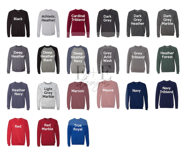May include: A collection of crewneck sweatshirts in various colors, including black, grey, red, and navy. Each sweatshirt has a solid color with the name of the color printed in white text above it. The sweatshirts are displayed on a white background.