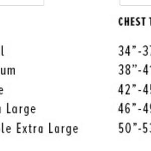 May include: A size chart for clothing, with the word "MEN'S" at the top. Sizes range from Small to Double Extra Large, with corresponding chest measurements in inches, from 34" to 53".