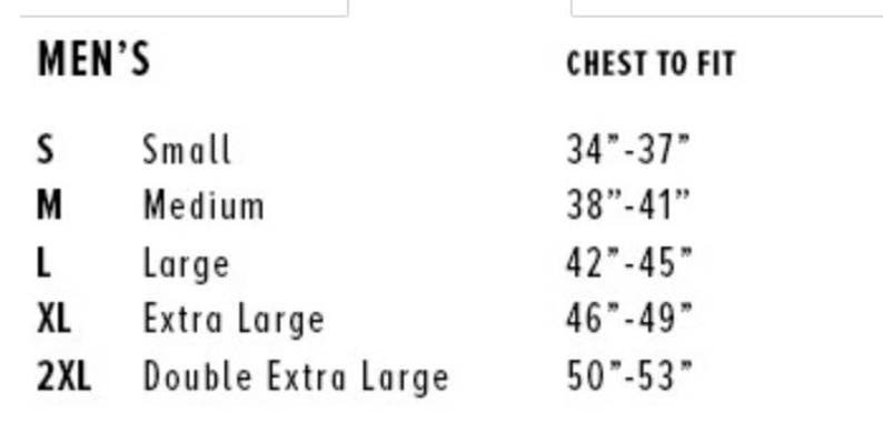 May include: A size chart for clothing, with the word "MEN'S" at the top. Sizes range from Small to Double Extra Large, with corresponding chest measurements in inches, from 34" to 53".