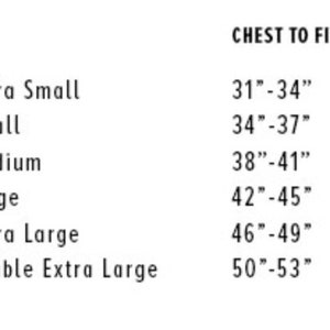 May include: A white graphic with the word "UNISEX" at the top, followed by size labels and chest measurements in inches. Sizes range from XS (31"-34") to 2XL (50"-53").