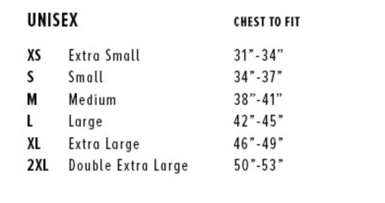 May include: A white graphic with the word "UNISEX" at the top, followed by size labels and chest measurements in inches. Sizes range from XS (31"-34") to 2XL (50"-53").