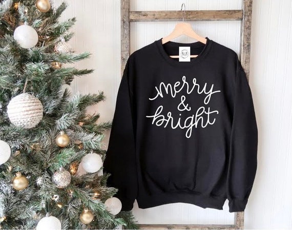 Merry + Bright Sweatshirt - Fleece crew neck sweatshirt - Christmas Apparel - Christmas Sweatshirt - Women's Christmas Apparel - Unisex fit