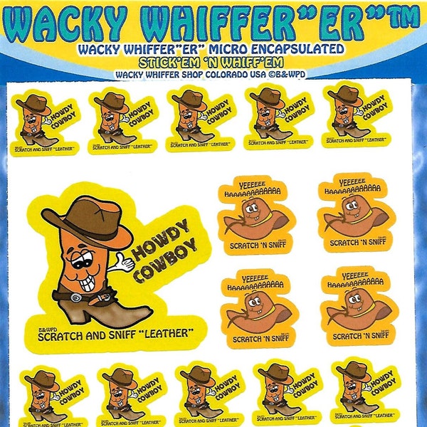 30 DIE CUTS!  Wacky Whiffer "ER" Micro Encapsulated Leather Boot Scent, strong!  Scratch and Sniff Die  Cut, These are awesome stickers!