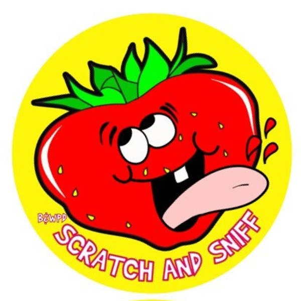 BRAND NEW Zesty Fresh Picked Strawberry Micro Encapsulated Scratch and Sniff Stickers!  2 Large 5 Inch Wacky Whiffer "er" SNF Stickers