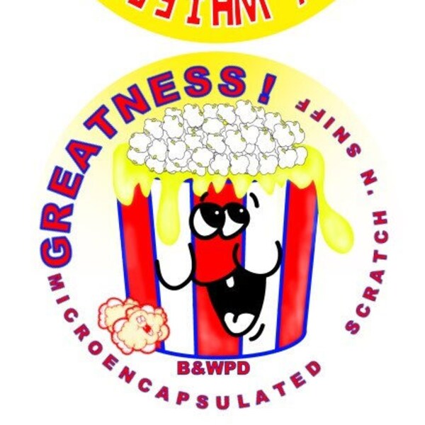 Popcorn Jumbo Duel Design Micro Encapsulated Scratch and Sniff Stickers!  2 Large 5 Inch Wacky Whiffer "ER" Scratch and Sniff Stickers.