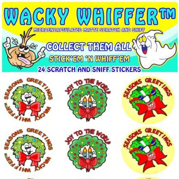 24 Pack Wacky Whiffer "ER" MATTE MICROENCAPSULATED Scratch and Sniff Sticker Pack. Christmas Wreaths, Spiced Cider!  Super When Scratched!