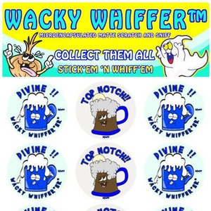 May include: Twelve round stickers with images of cartoon mugs of beer. Six of the stickers have a blue mug with white foam and the text "DIVINE!!" and "WACKY WHIFFER ER". The other six stickers have a brown mug with white foam and the text "TOP NOTCH!!".