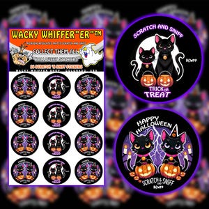 May include: A set of 24 Halloween-themed scratch and sniff stickers featuring black cats, pumpkins, and lightning bolts. The stickers are round and have a purple background with the text "Happy Halloween" and "Trick or Treat".