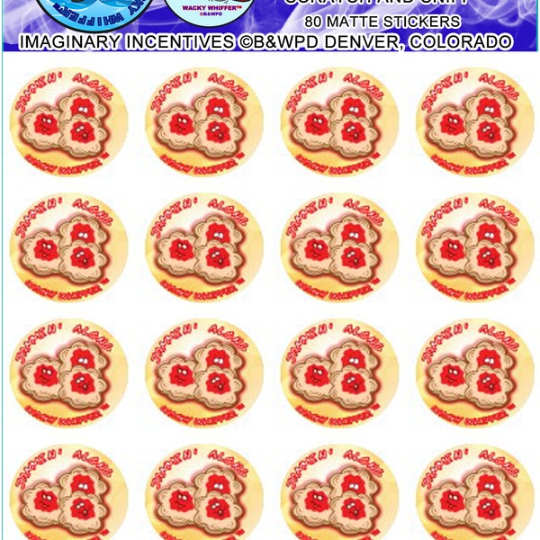 Wacky Whiffer Whiffers Matte MAX SCENT Scratch and Sniff Stickers. Large Pack Mini Twins Strawberry Jam Shortbread Cookies 80 per pack.