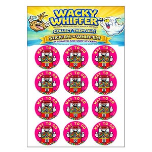 May include: A sheet of "Wacky Whiffer" scratch and sniff stickers. The sheet features a variety of round stickers with a gumball machine design and the words "Way to Go". The sheet also has the text "Collect Them All!" and "Stick Em 'N Whiff'Em".