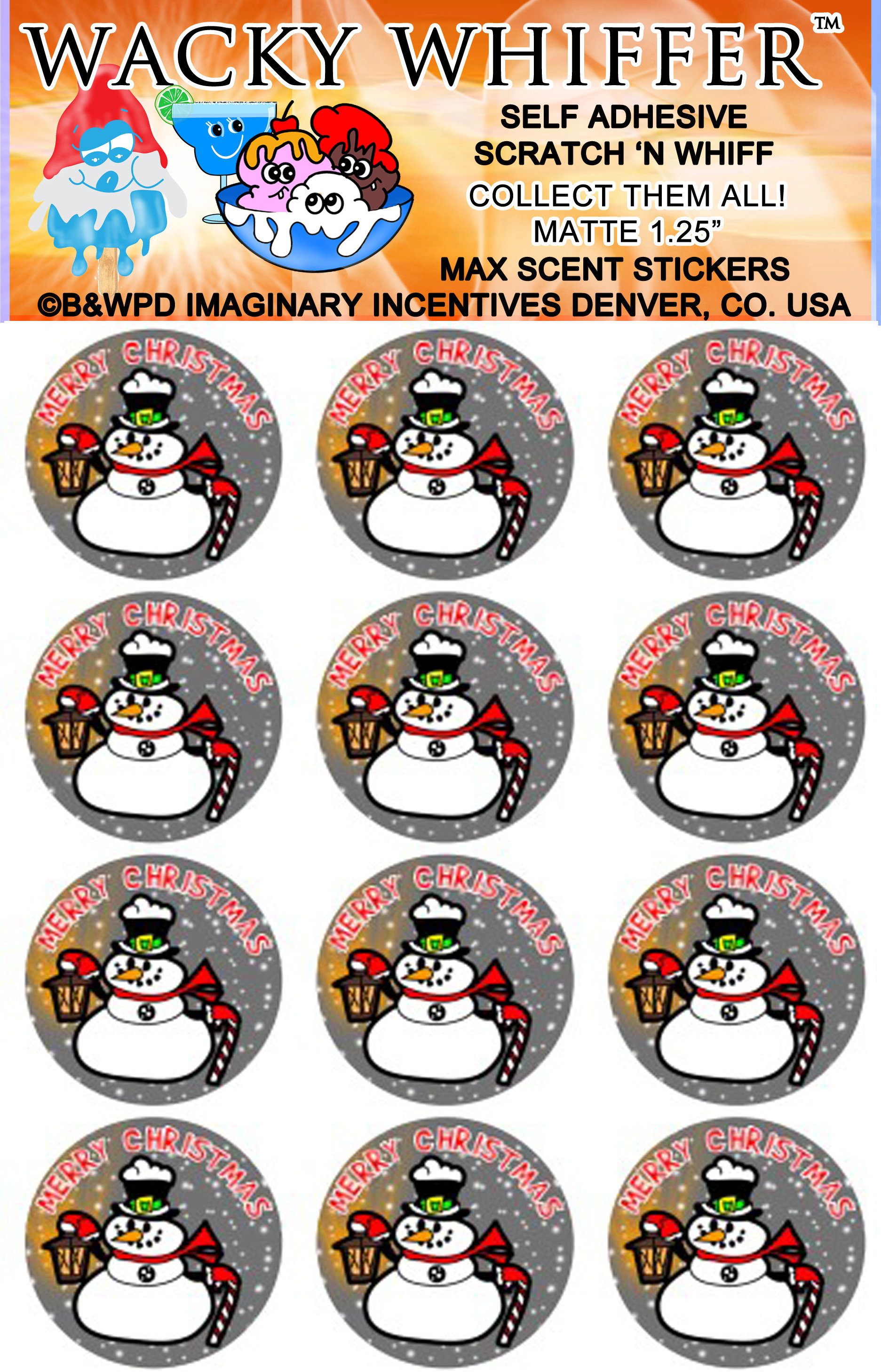 Christmas 2021 Snowman Candy Cane Max Scent Matte Scratch and Sniff Stickers WACKY WHIFFER MAX Scent Matte Jumbo Sized Stickers
