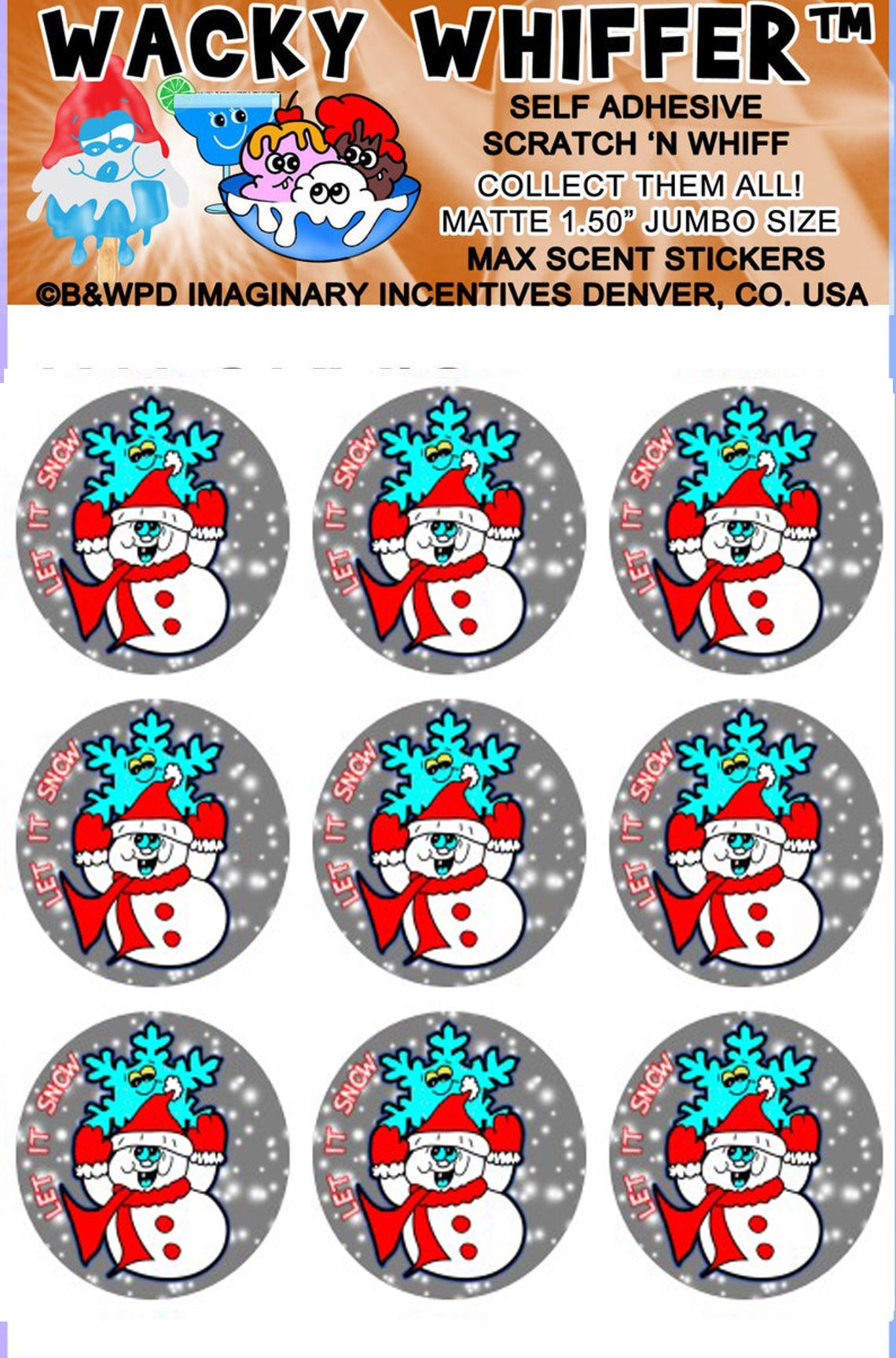 WACKY WHIFFER MAX Scent Matte Jumbo Size Scratch and Sniff Stickers Snow Ice Cream Max Scent Matte Stickers Christmas 2021 Snowflake