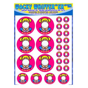 May include: Sheet of stickers featuring a cartoon girl blowing a bubble gum bubble. The girl has blonde pigtails and is wearing a blue outfit. The stickers are on a pink background with the word "SUPER" on them. The text "WACKY WHIFFER" is at the top.