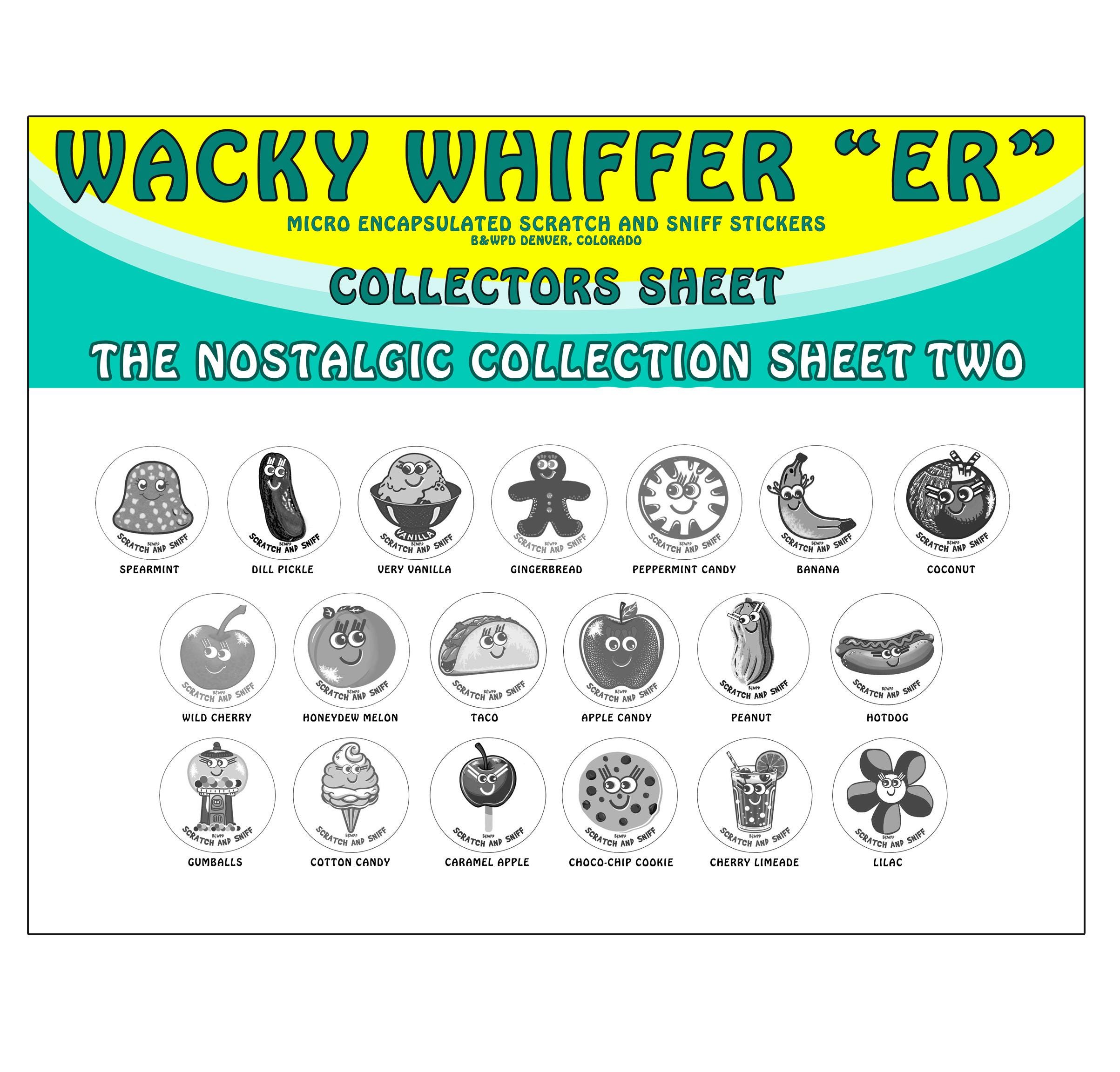 SCRATCH AND SNIFF Collectors Sheet 2.   Hardcopy , Laminate collectors sheet for "Nostalgic Series" Set Two.   Collectors Sheet For Wacky's.