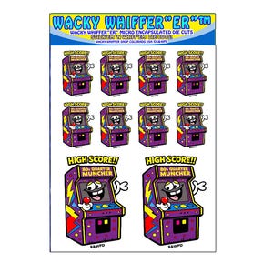 May include: Sheet of stickers featuring retro arcade game machines in purple, yellow, and red. Each sticker has the words "HIGH SCORE!!" and "80s Quarter Muncher". The stickers are labeled "Wacky Whiffer" and "Stick'em 'n Whiff'em Die Cuts!"