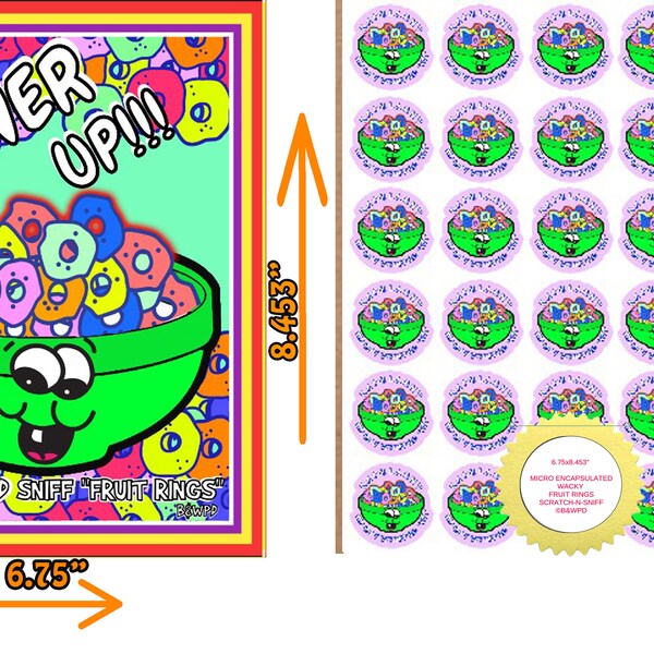 Large Fruit Rings Micro Encapsulated Wacky Whiffer ER Scratch and Sniff Sticker Portrait. Trillions of Fragrance Microcapsules