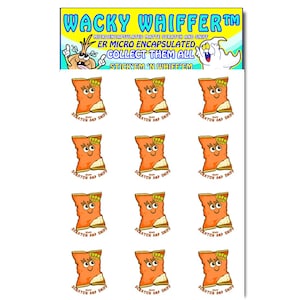 May include: Sheet of "Wacky Whiffer" scratch and sniff stickers. Each sticker features a smiling cartoon corn chip bag with the words "Scratch and Sniff". The top of the sheet has the words "Wacky Whiffer" and "Collect Them All".