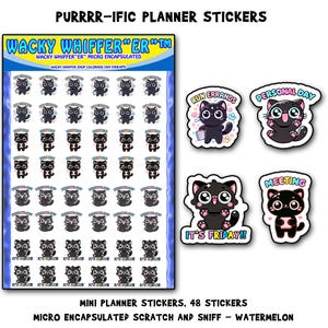 May include: A sheet of 48 mini planner stickers featuring black cats with different expressions and phrases like "Run Errands", "Personal Day", and "It's Friday!" The stickers are micro-encapsulated scratch and sniff watermelon scented.