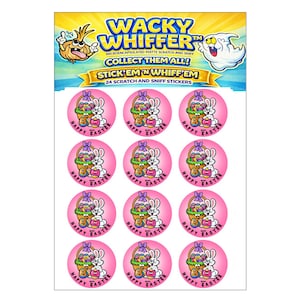May include: Sheet of "Wacky Whiffer" scratch and sniff stickers. The sheet features a cartoon ghost and a cartoon character. The stickers are round and pink, with a basket of Easter eggs and a bunny. Text on the stickers reads "Happy Easter".