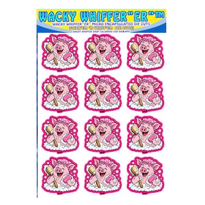 May include: Sheet of stickers featuring a cartoon pig in a bubble bath, holding a brush and soap. The pig is pink with a pink cap and is surrounded by white bubbles. The stickers have the text "WACKY WHIFFER" ER" TM".