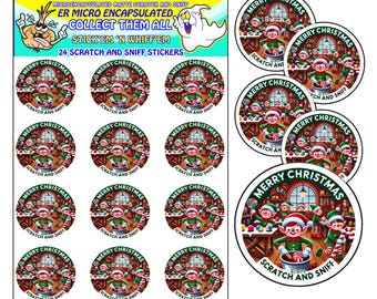 May include: Twenty-four round Christmas stickers with a scratch and sniff feature. Each sticker features a cartoon image of elves making candy in a workshop. The stickers are red, green, and white with the words "Merry Christmas" and "Scratch and Sniff" printed on them.