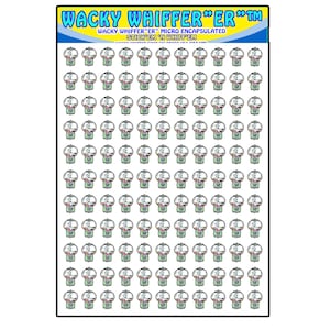 May include: A sheet of 100 Wacky Whiffer "ER" micro-encapsulated stickers. Each sticker features a cartoon gumball machine with colorful gumballs inside.