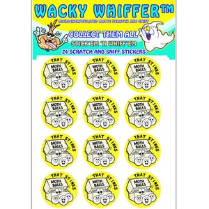 May include: A sheet of "Wacky Whiffer" scratch and sniff stickers. The stickers are round and yellow, each featuring a cartoon mothball box with the text "That Stinks". The sheet includes the text "Collect Them All".