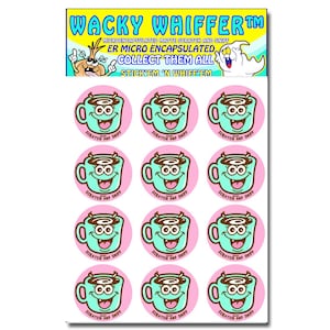 May include: Sheet of stickers featuring cartoon coffee cups with smiling faces, set against a pink background. The stickers are labeled "SCRATCH AND SNIFF". The top of the sheet reads "WACKY WHIFFER" and "COLLECT THEM ALL".