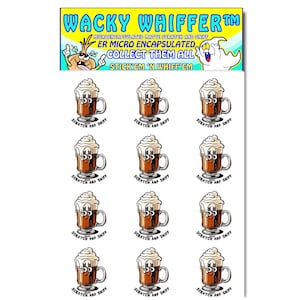 May include: A sheet of stickers featuring cartoon coffee mugs with whipped cream. Each mug has a smiling face and the words "Scratch and Sniff." The top of the sheet reads "Wacky Whiffer" and "Collect Them All."