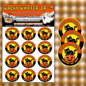 May include: A sheet of 24 Halloween-themed scratch and sniff stickers. Each sticker features a black cat sitting on a jack-o'-lantern with the text "Happy Halloween" and "Scratch and Sniff" in a yellow circle.