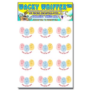 May include: A sheet of 16 colorful scratch and sniff stickers featuring cartoon eggs with smiling faces. The stickers say "Wacky Whiffer TM" and "Scratch and Sniff" on them.