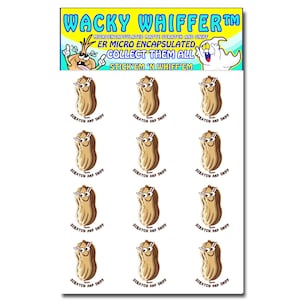 May include: A sheet of 12 Wacky Whiffer scratch and sniff stickers. Each sticker features a cartoon peanut with googly eyes and the text "Scratch and Shiff". The stickers are microencapsulated and come with a ghost graphic and the text "Stick 'em 'n Whiff 'em".
