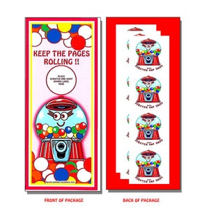 May include: A red and white gumball machine with a smiling face and colorful gumballs. The text "Keep the pages rolling!!" is printed on the front of the package. The back of the package has five scratch and sniff stickers with the text "Scratch and Sniff" printed on each.