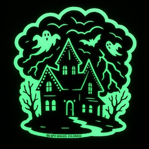 GLOW In The DARK Halloween Haunted House Sticker. Haunted House Glow In The Dark Waterproof Vinyl Sticker For Halloween, Gifting And Fun.