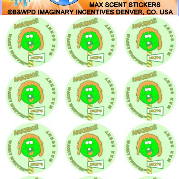 Wacky Whiffer Whiffers Matte MAX SCENT Scratch and Sniff Stickers. NEW Sour Green Apple Caramel Sucker Matte