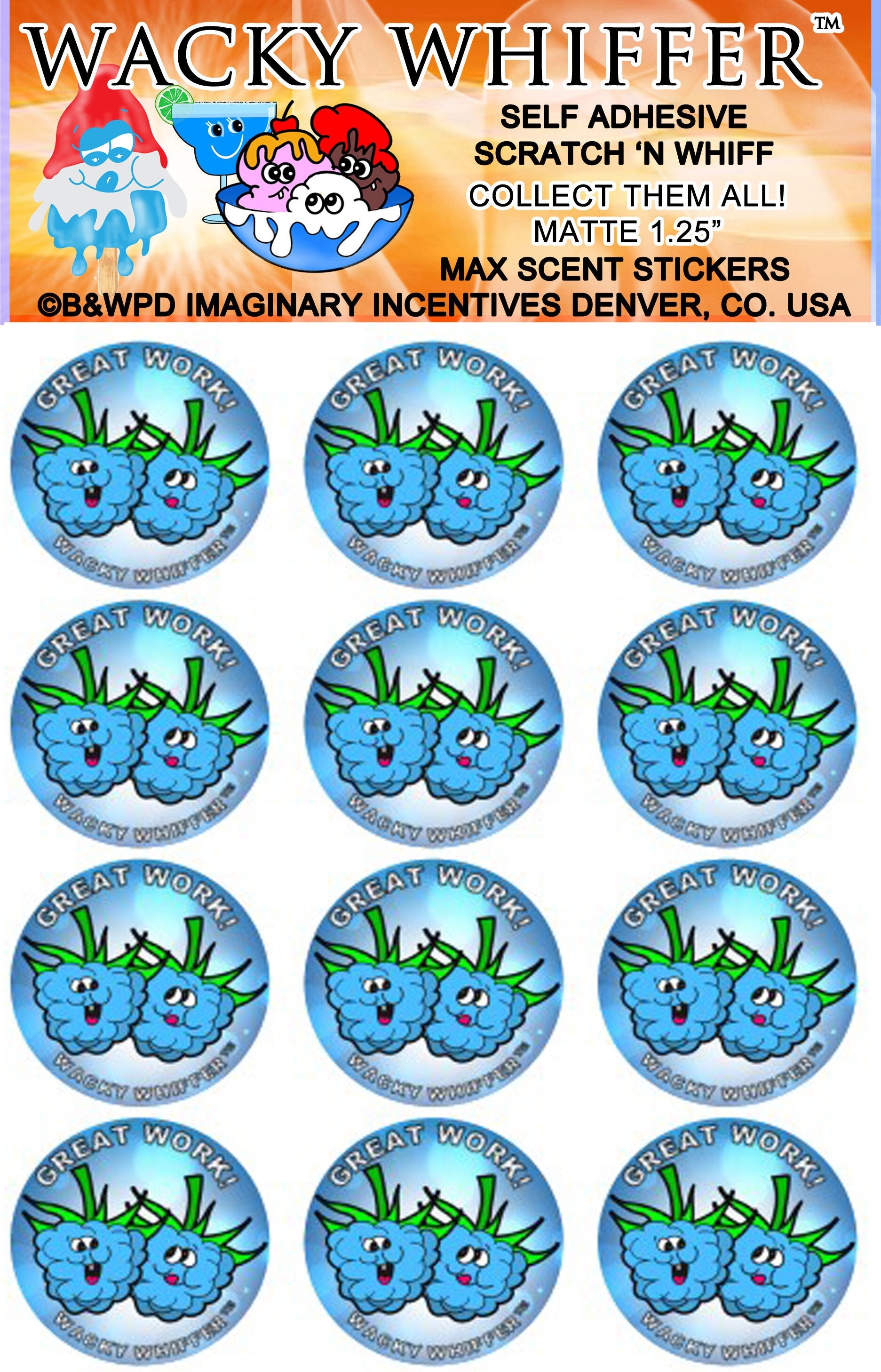 Wacky Whiffer Blue Raspberries Scratch and Sniff Stickers - Matte MAX Scent