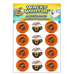 May include: A sheet of Wacky Whiffer scratch and sniff stickers featuring two designs. One design is a circular orange sticker with a shocked coffee cup and the text SHOCKING. The other is a coffee cup with the text WHAT A JOLT! and steam.