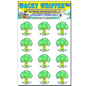 May include: A sheet of 12 stickers featuring a cartoon broccoli with a smiling face. Each sticker says "Scratch and Sniff" below the image. The sheet has the text "Wacky Whiffer TM" at the top and "Microencapsulated Matte Scratch and Sniff" below that. The text "ER Micro Encapsulated" is in a larger font size and the text "Collect Them All" is in a smaller font size. The text "Stick'em 'n Whiff'em" is at the bottom of the sheet.