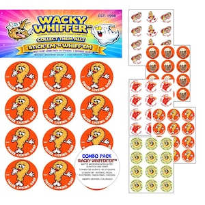 May include: A Wacky Whiffer scratch and sniff sticker combo pack featuring 60 circular stickers across 5 sheets. Designs include cartoon hot dogs, root beer mugs, pizza slices, onion rings, and chicken legs with text like Finger Licking Good.