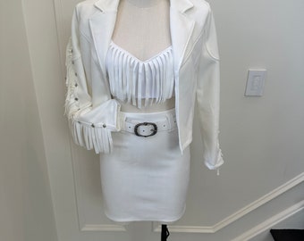 White Faux Suede Fringe Can't Buy Me Love Costume, 80s Inspired