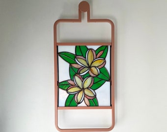 Rainbow Plumeria Stained Glass, Iridescent white, Pink and yellow and green