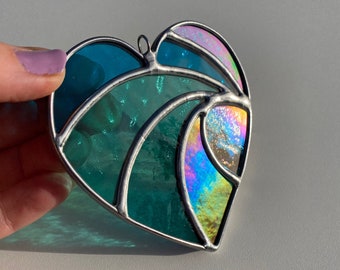 Teal Made to order Crashing Wave Heart Stained Glass, Valentines gift, Mother's Day Anniversary gift, WeddingDay Gift, Suncatcher,Home
