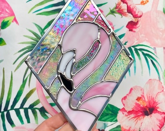 Made to order Feathery Pink Flamingo and Iridescent Diamond Love Stained Glass, , Mother's day Gift Ideas