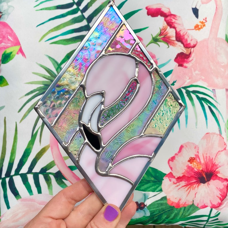 Made to order Feathery Pink Flamingo and Iridescent Diamond Love Stained Glass, , Mother's day Gift Ideas
