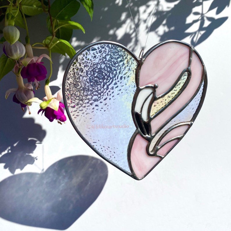 Made to order Feathery Flamingo and Iridescent Heart Love Stained Glass image 1