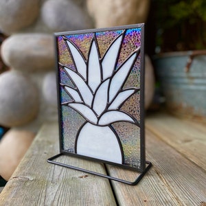Pineapple Stained Glass, Iridescent white and clear, stand