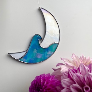 Made to order Iridescent Blue and White Crescent Wave Moon Stained Glass