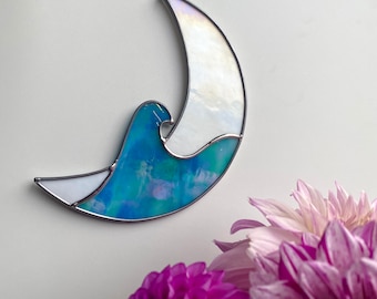 Made to order Iridescent Blue and White Crescent Wave Moon Stained Glass