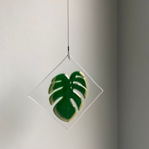 Handmade Monstera Green and Gold Leaf Fused Suncatcher image 2